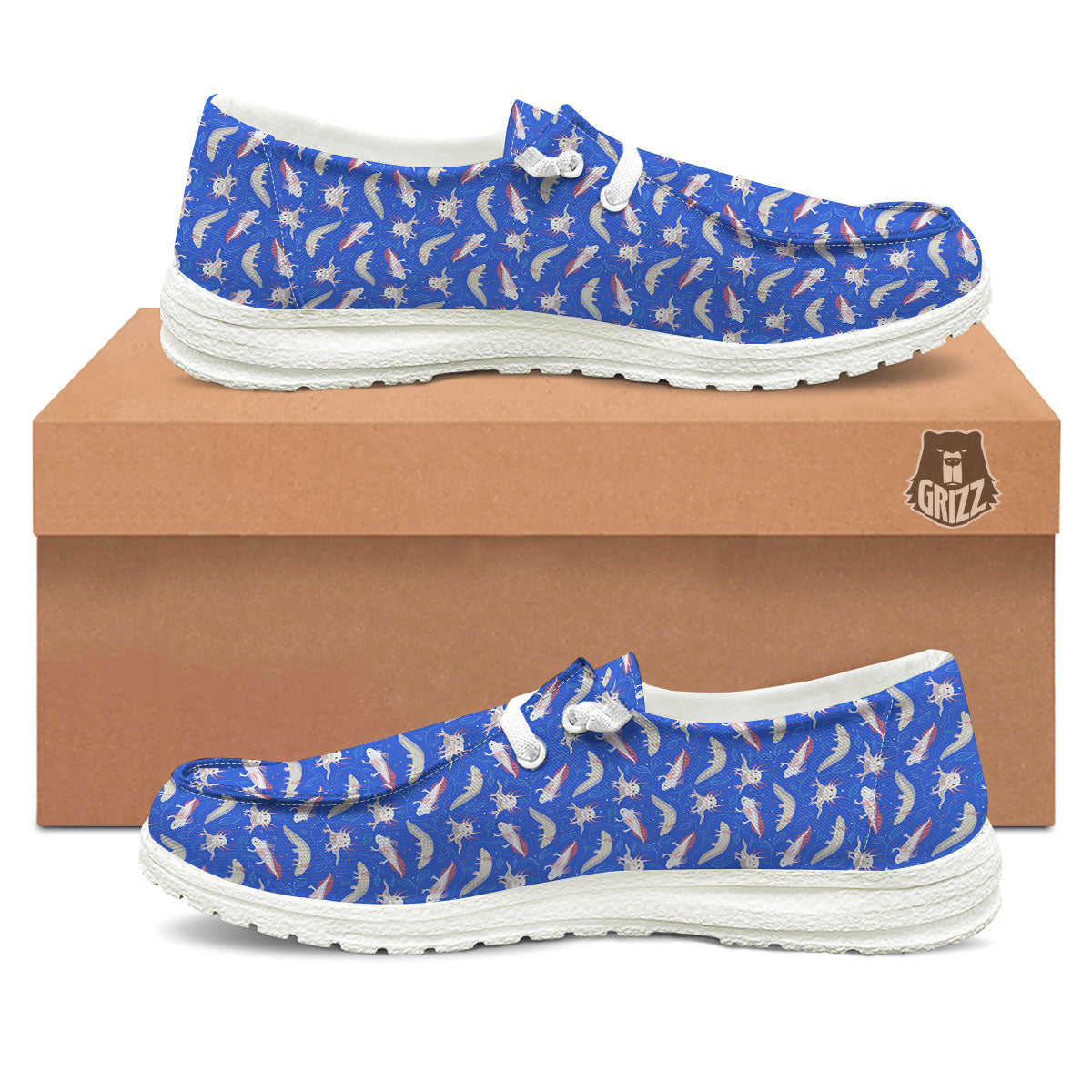 Axolotl Blue Print Pattern White Loafers-grizzshop