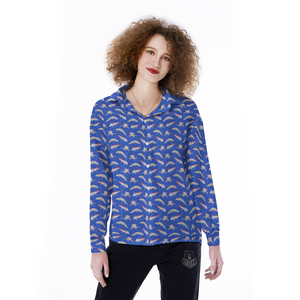 Axolotl Blue Print Pattern Women's Long Sleeve Shirts-grizzshop