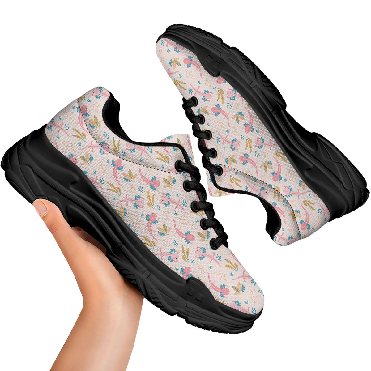 Axolotl Pastel Print Pattern Black Chunky Shoes-grizzshop