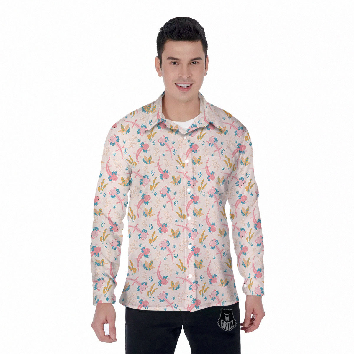 Axolotl Pastel Print Pattern Men's Long Sleeve Shirts-grizzshop