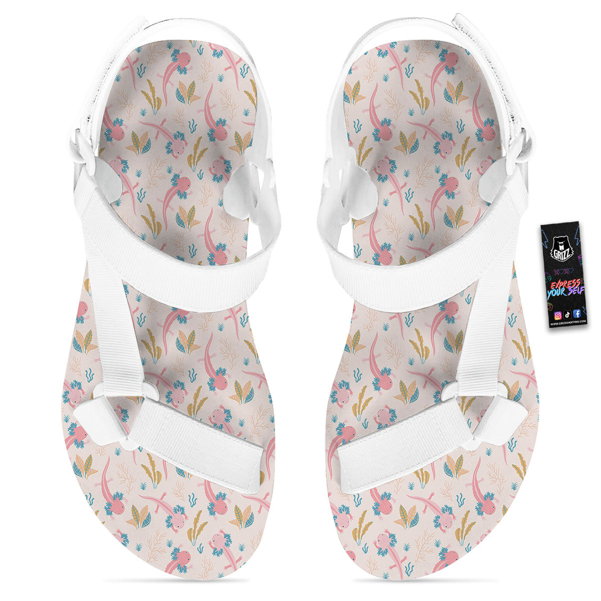 Axolotl Pastel Print Pattern White Open Toe Sandals-grizzshop