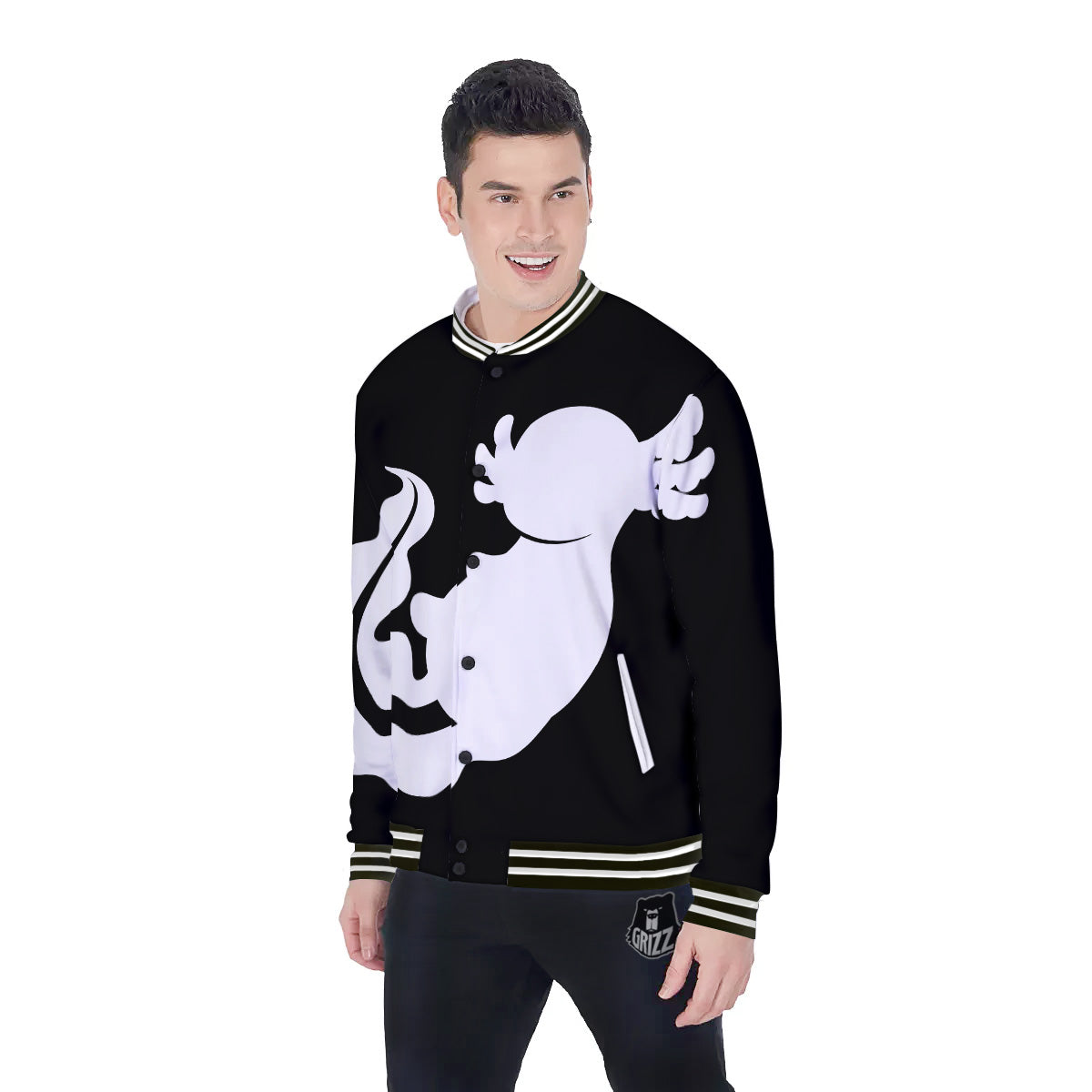 Axolotl White And Black Print Baseball Jacket-grizzshop