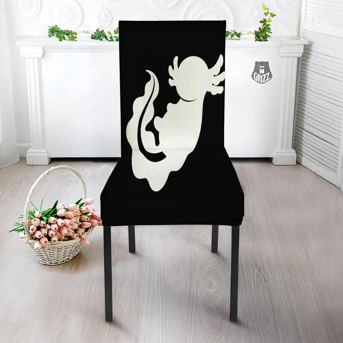 Axolotl White And Black Print Dining Chair Slipcover-grizzshop
