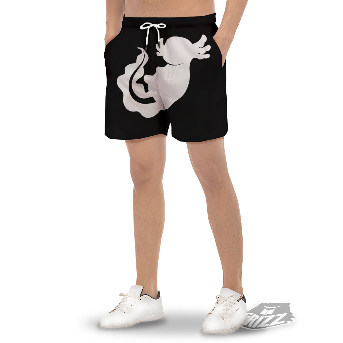 Axolotl White And Black Print Men's Gym Shorts-grizzshop