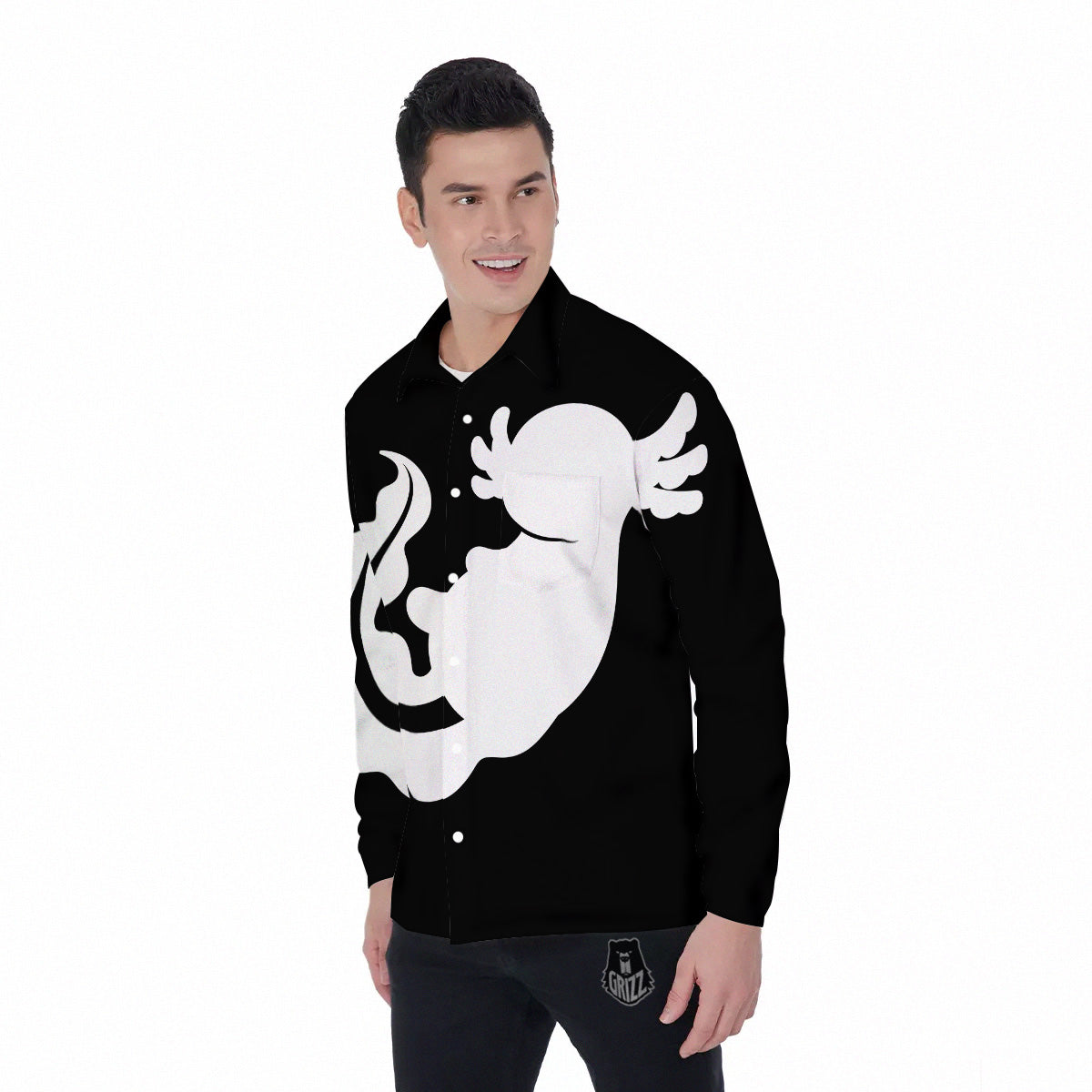 Axolotl White And Black Print Men's Long Sleeve Shirts-grizzshop