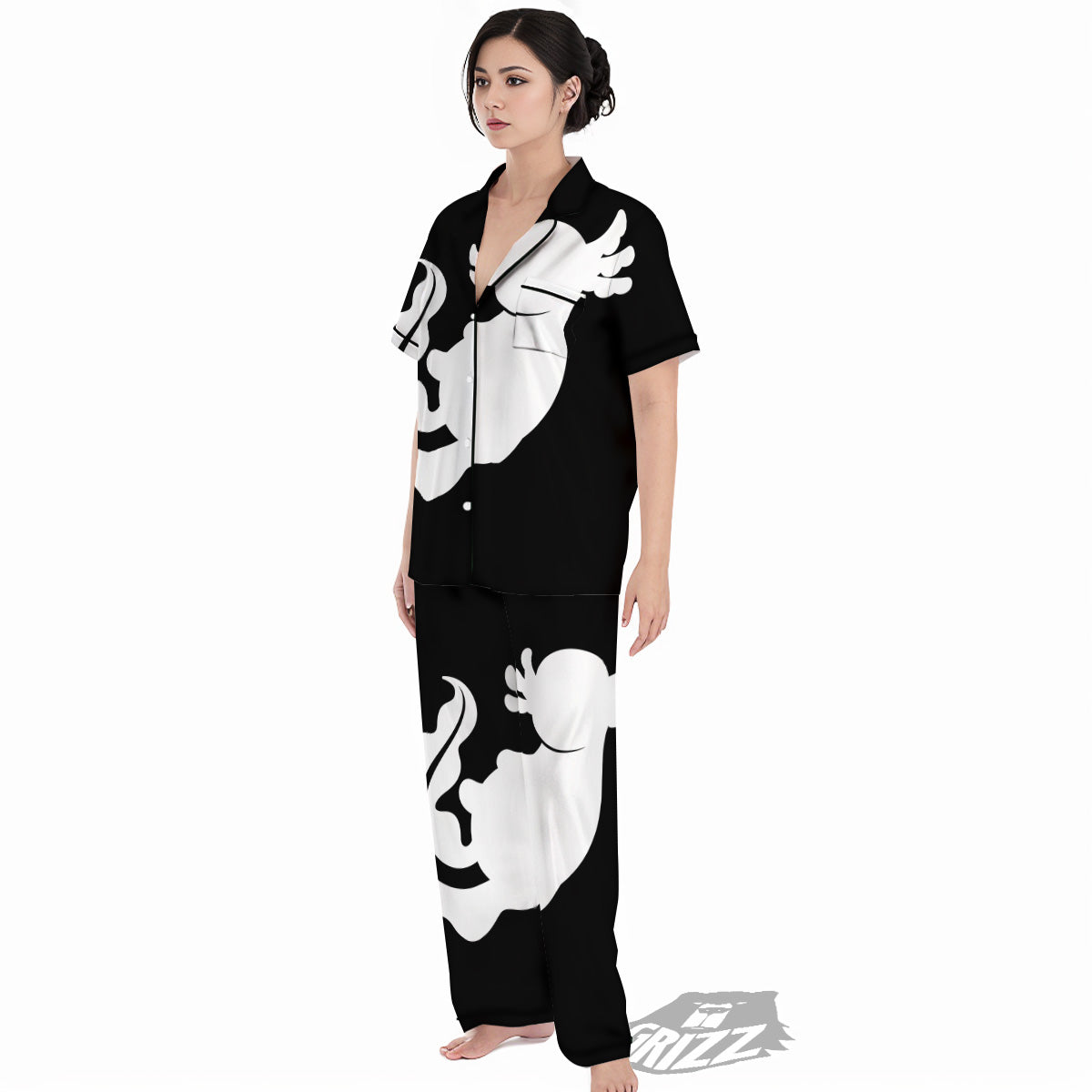 Axolotl White And Black Print Women's Pajamas Set-grizzshop