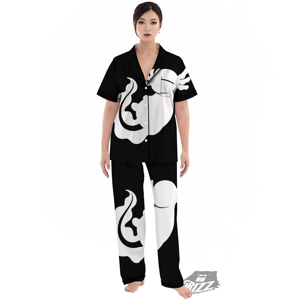 Axolotl White And Black Print Women's Pajamas Set-grizzshop