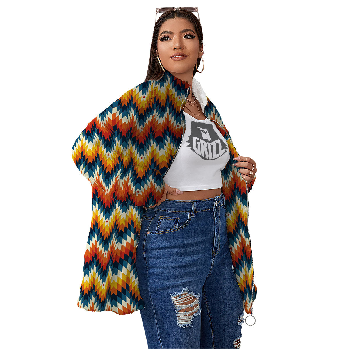 Aztec American Print Pattern Women's Sherpa Jacket-grizzshop