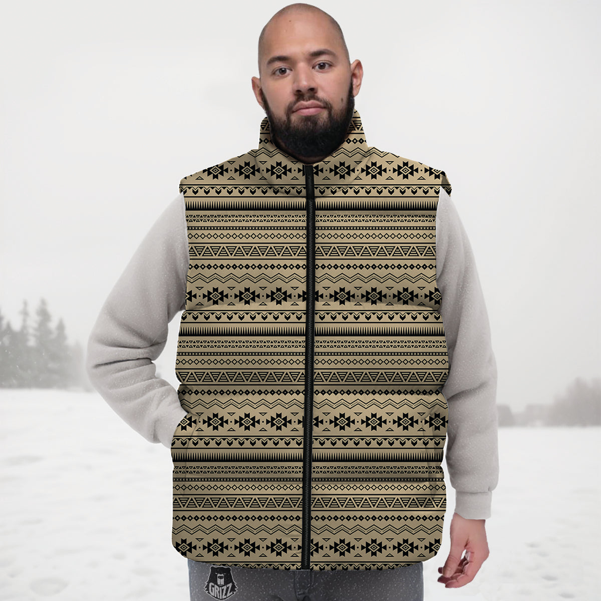 Aztec Beige And Black Print Pattern Down Vest