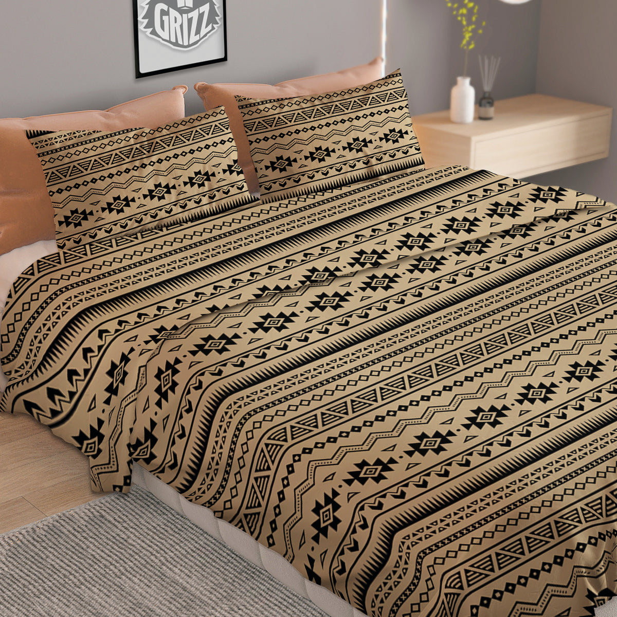 Aztec Beige And Black Print Pattern Duvet Cover Bedding Set