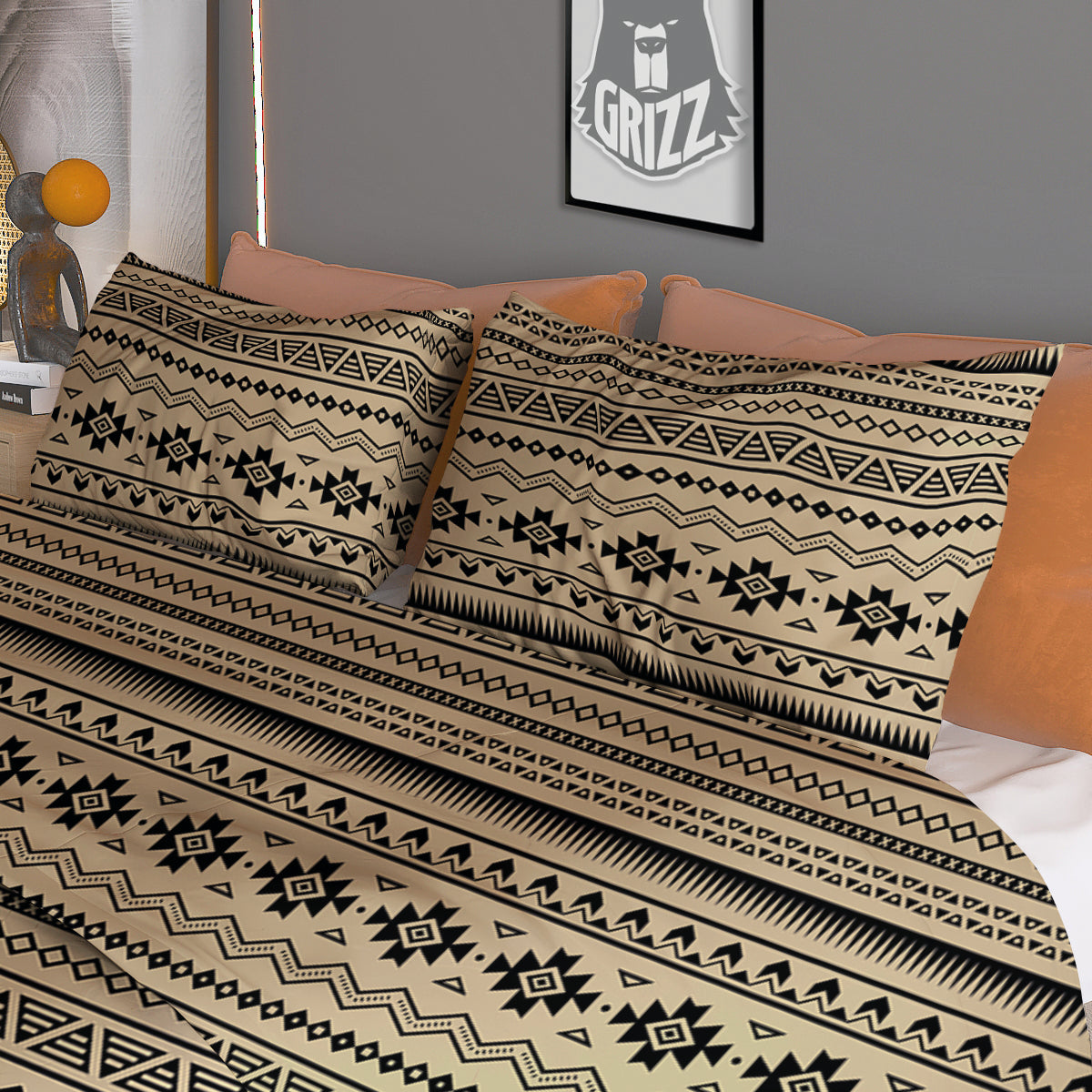 Aztec Beige And Black Print Pattern Duvet Cover Bedding Set