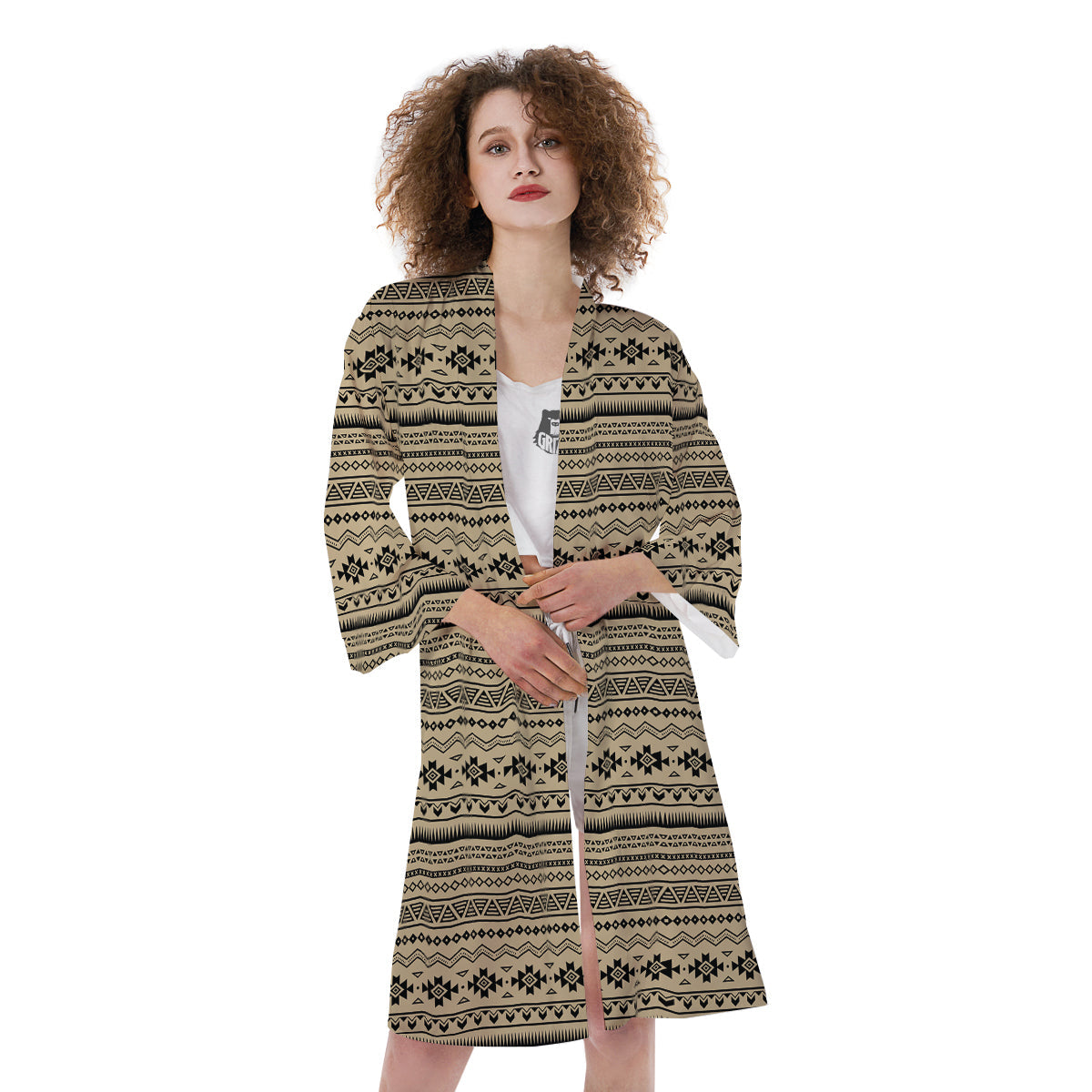 Aztec Beige And Black Print Pattern Kimono-grizzshop