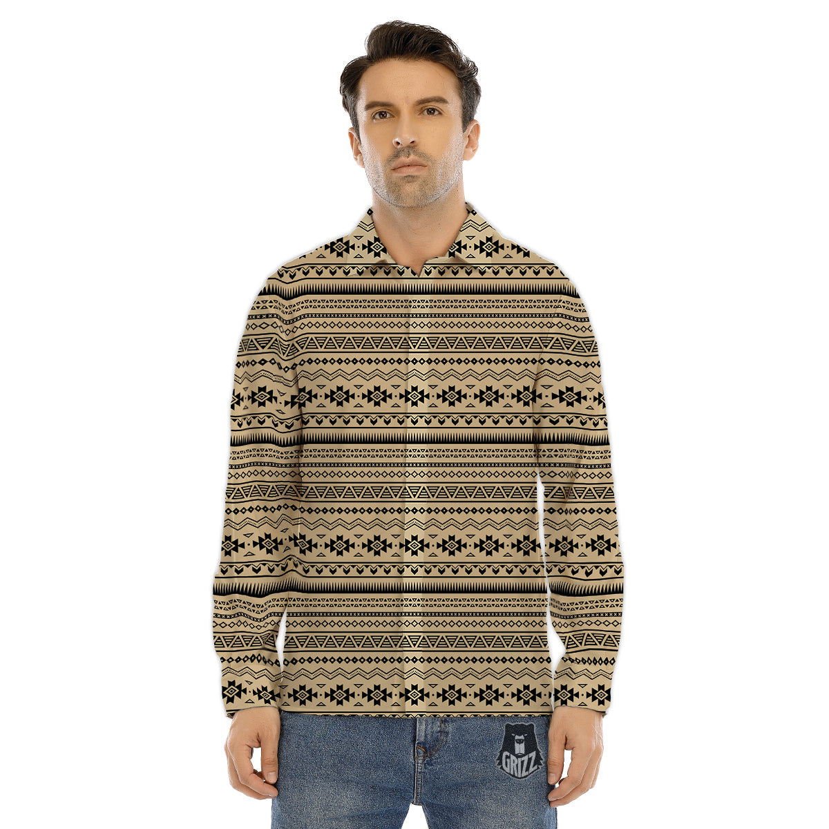 Aztec Beige And Black Print Pattern Men's Dress Shirts-grizzshop