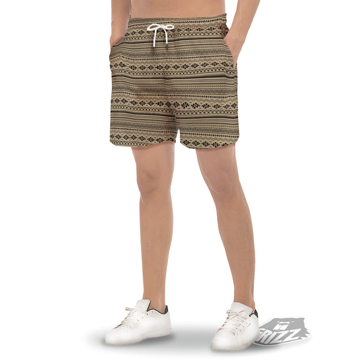Aztec Beige And Black Print Pattern Men's Gym Shorts-grizzshop