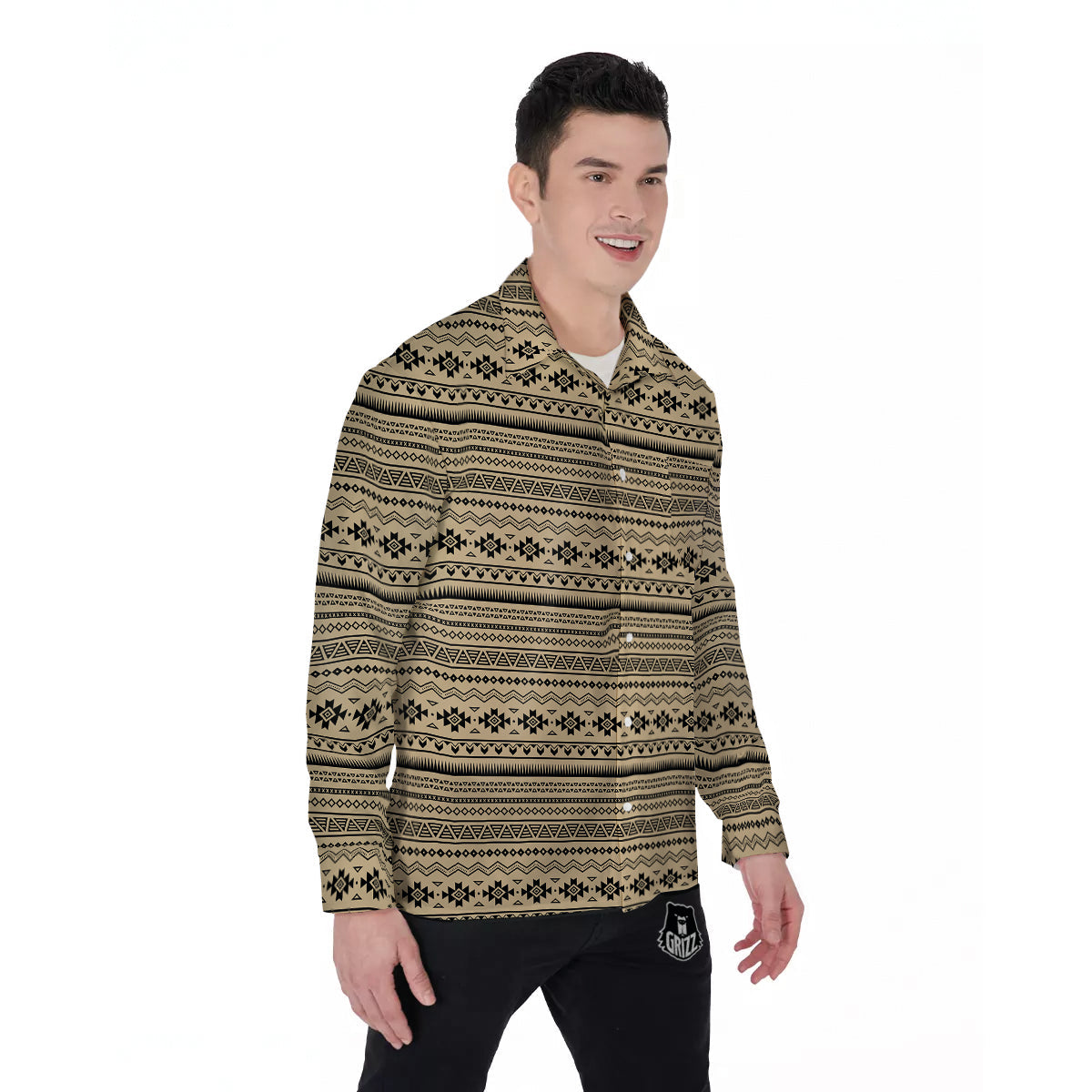 Aztec Beige And Black Print Pattern Men's Long Sleeve Shirts-grizzshop