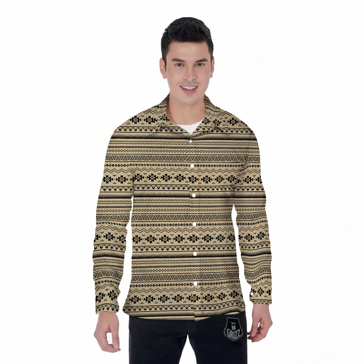 Aztec Beige And Black Print Pattern Men's Long Sleeve Shirts-grizzshop