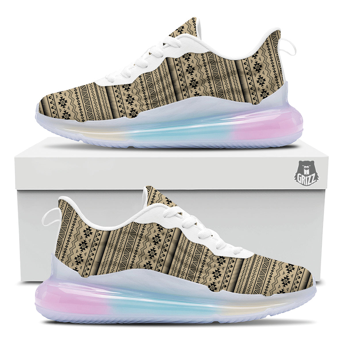 Aztec Beige And Black Print Pattern Running Sneakers-grizzshop