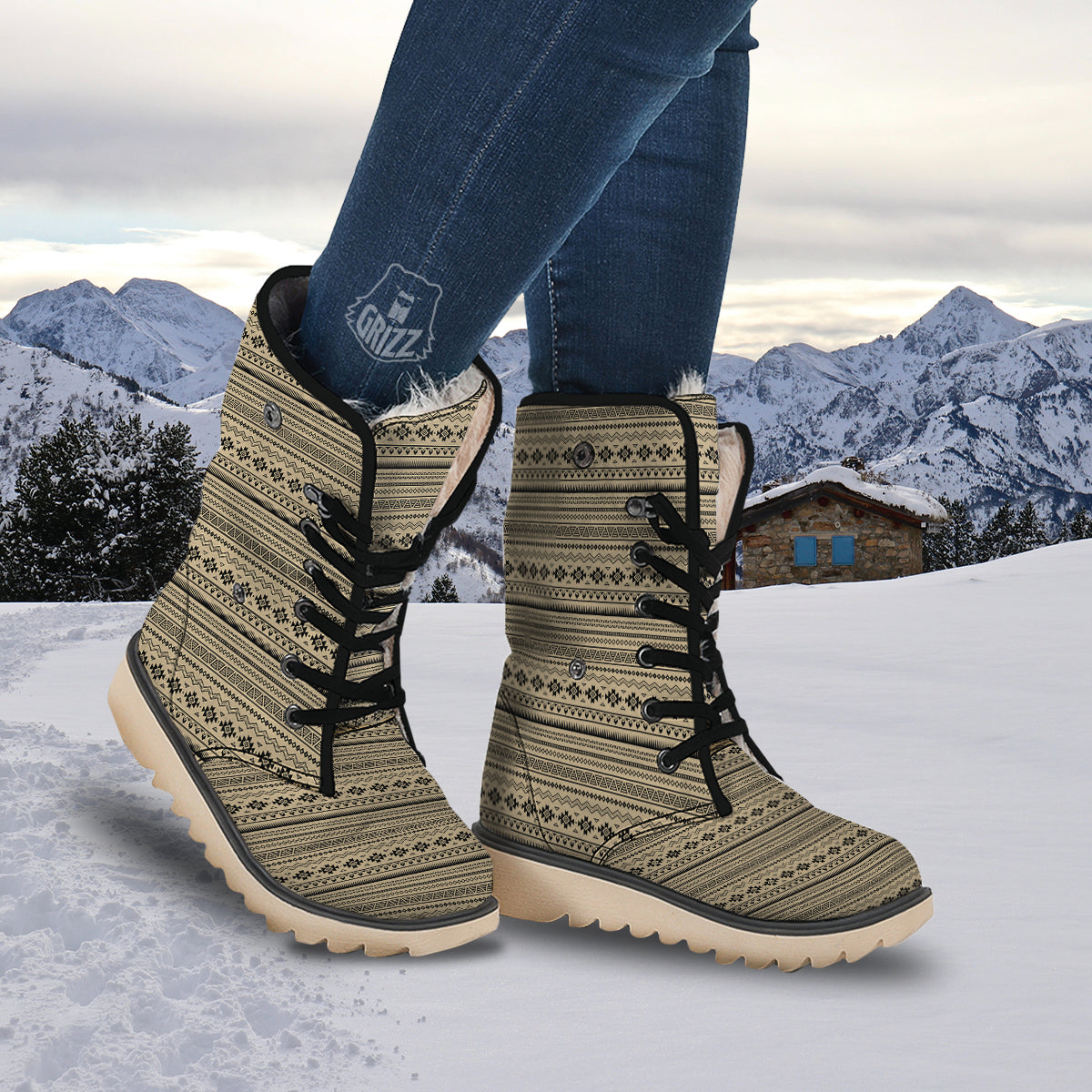 Aztec Beige And Black Print Pattern Snow Boots-grizzshop