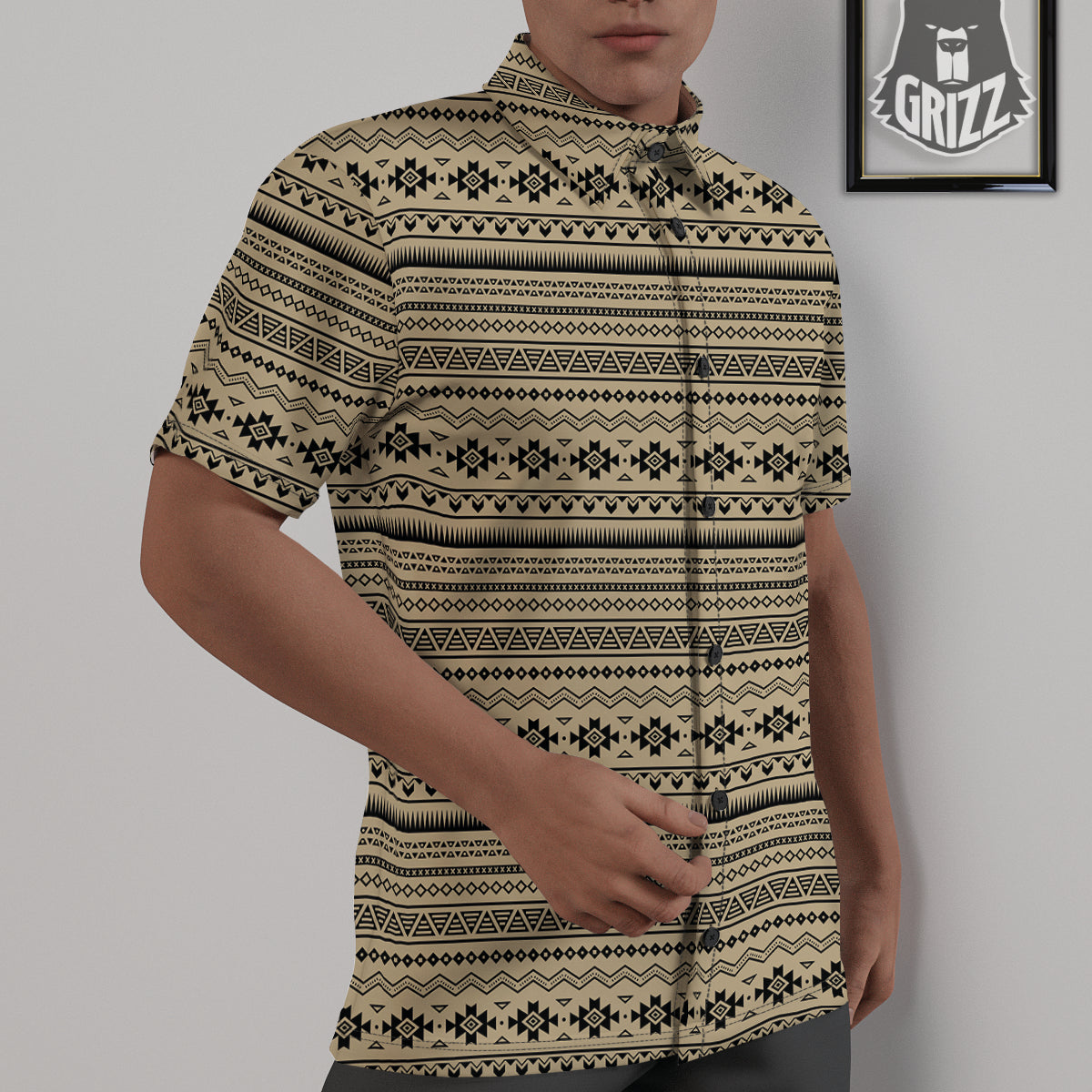 Aztec Beige And Black Print Pattern Untucked Shirts-grizzshop