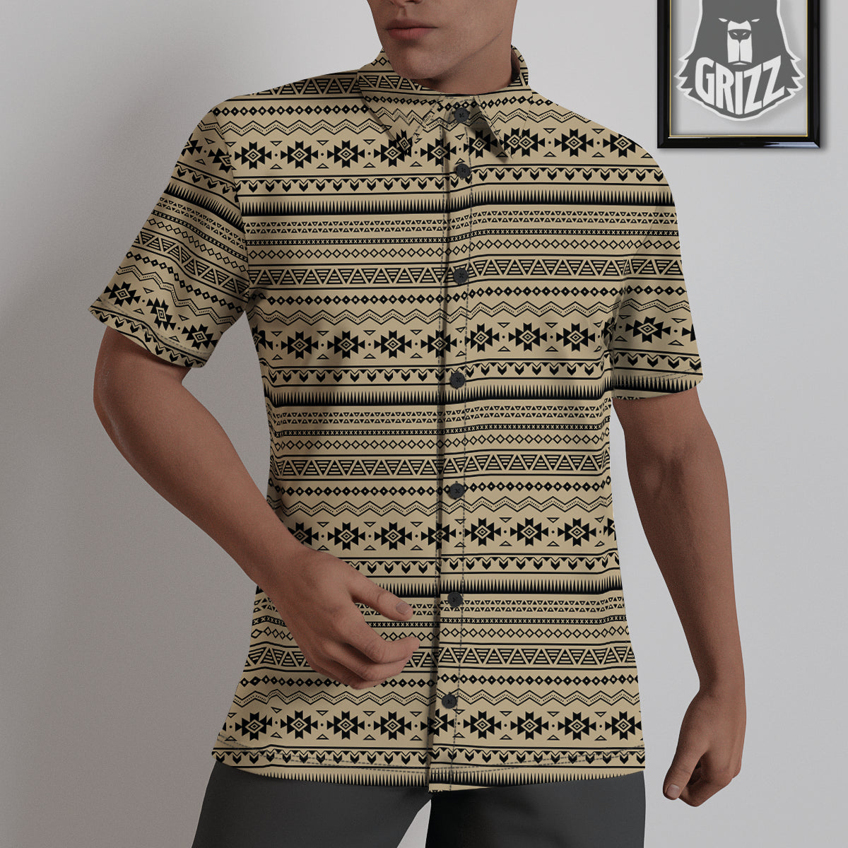 Aztec Beige And Black Print Pattern Untucked Shirts-grizzshop