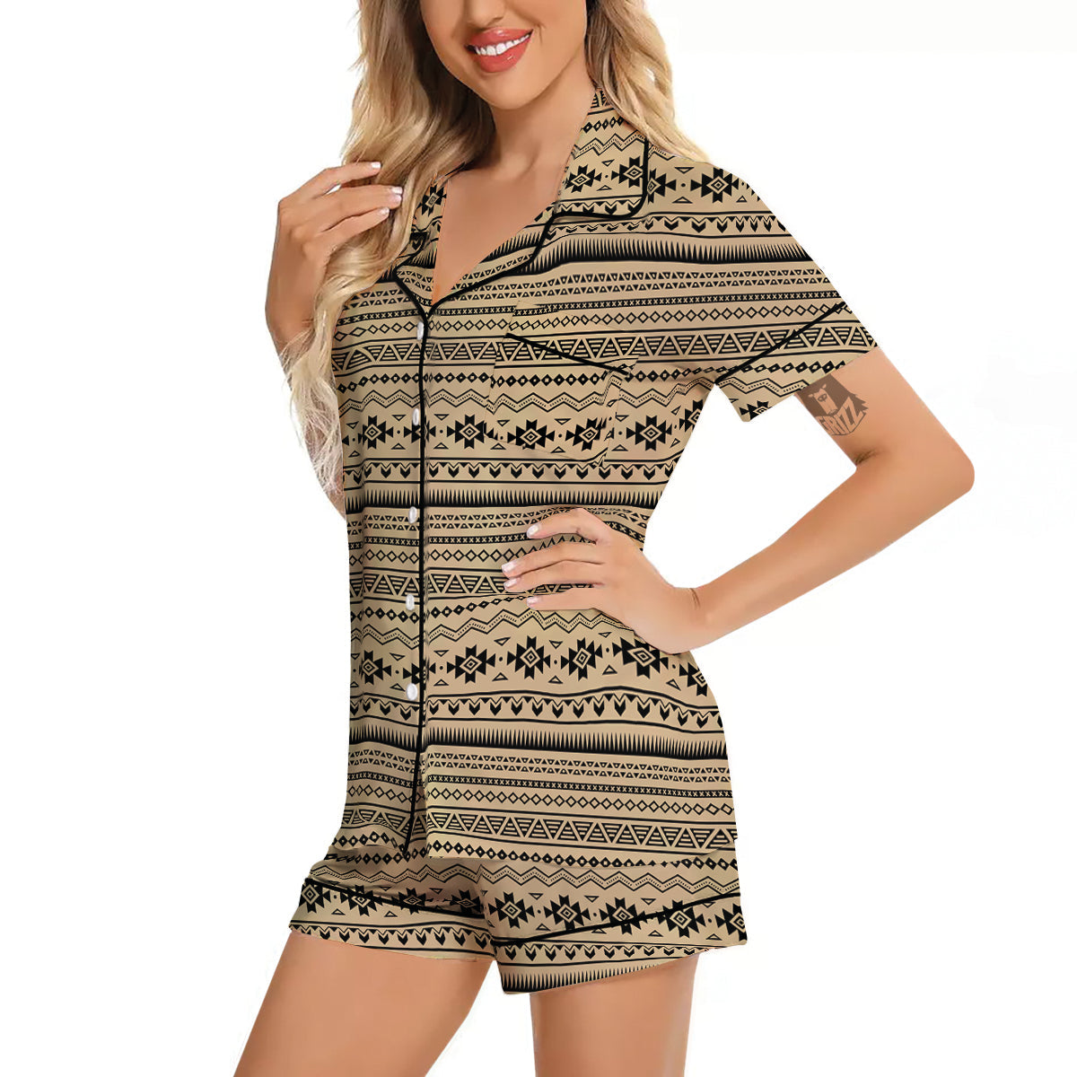 Aztec Beige And Black Print Pattern Women Silk Pajamas-grizzshop
