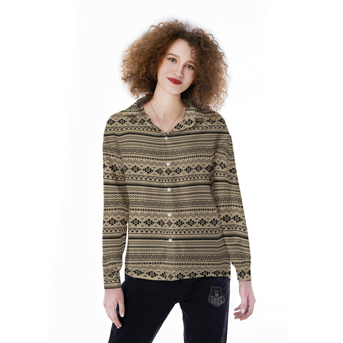 Aztec Beige And Black Print Pattern Women's Long Sleeve Shirts-grizzshop