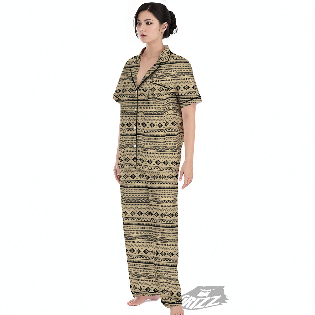 Aztec Beige And Black Print Pattern Women's Pajamas Set-grizzshop