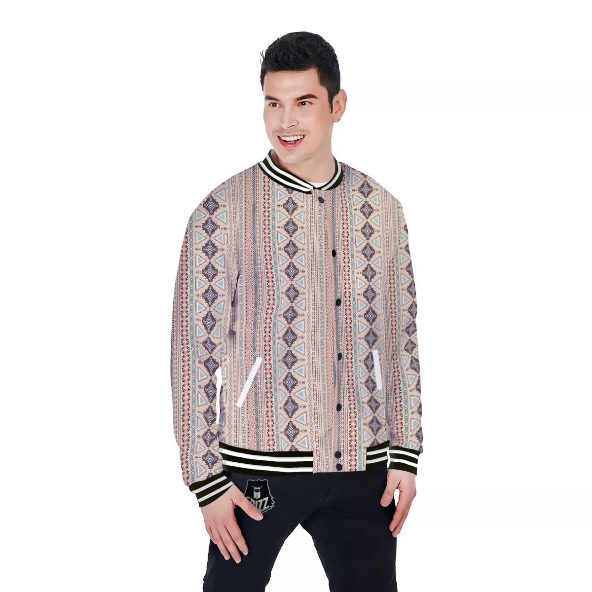 Aztec Beige Print Pattern Baseball Jacket-grizzshop