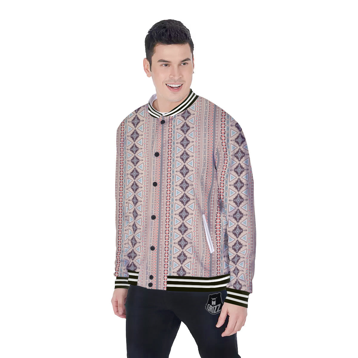 Aztec Beige Print Pattern Baseball Jacket-grizzshop