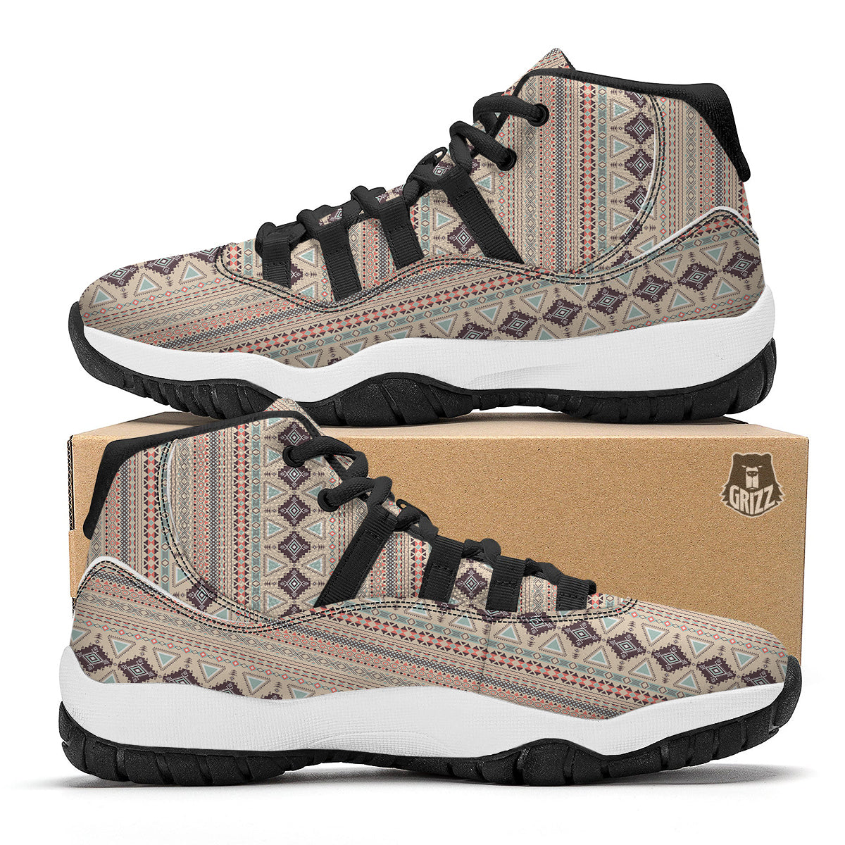 Aztec Beige Print Pattern Black Bball Shoes-grizzshop