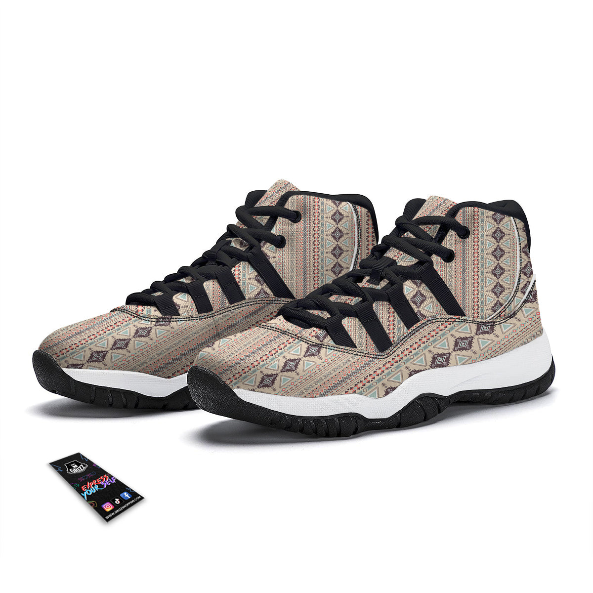 Aztec Beige Print Pattern Black Bball Shoes-grizzshop