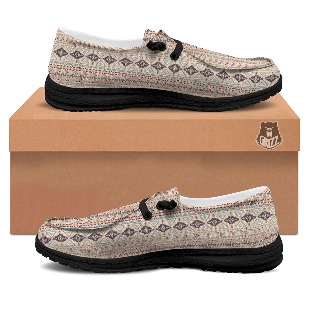 Aztec Beige Print Pattern Black Loafers-grizzshop