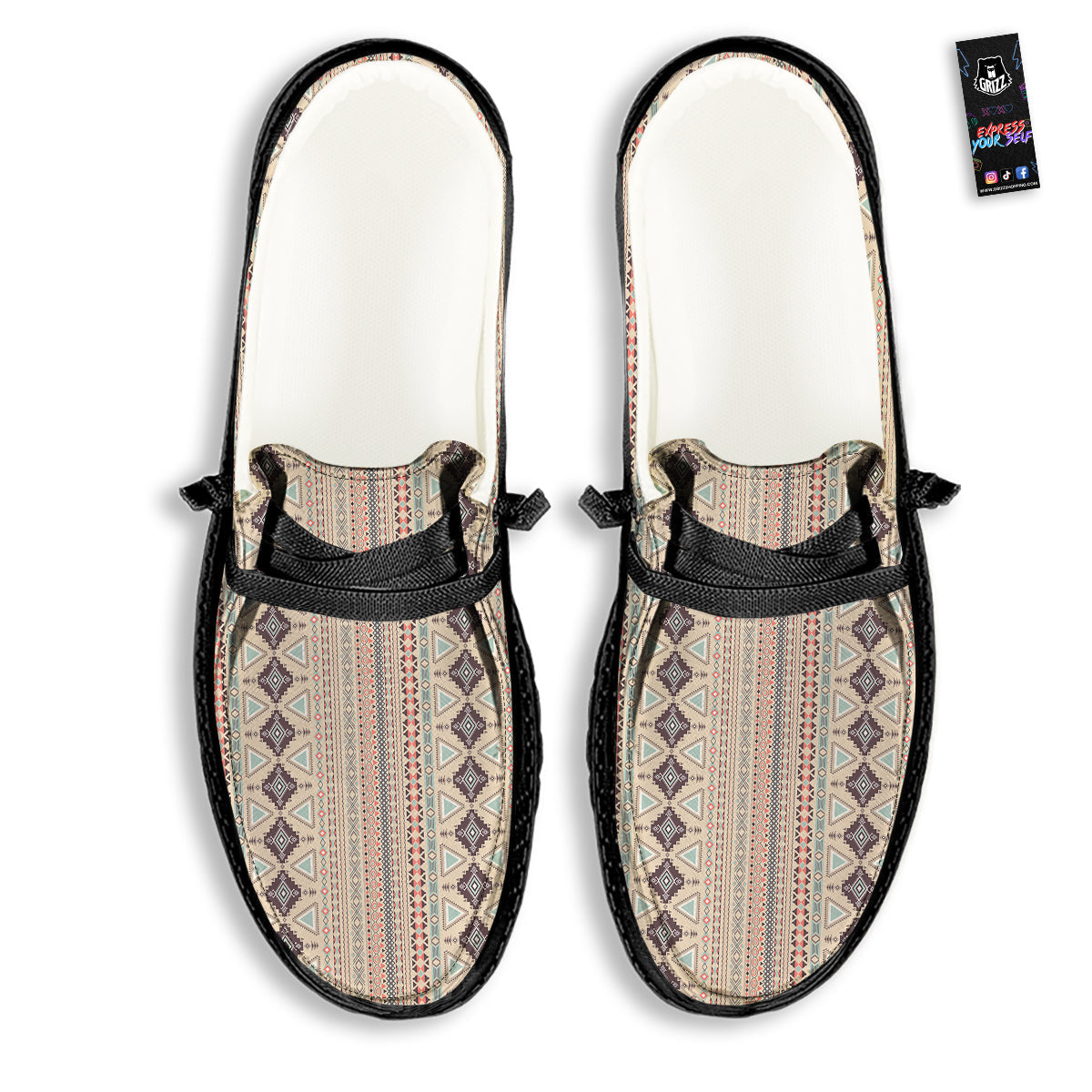 Aztec Beige Print Pattern Black Loafers-grizzshop