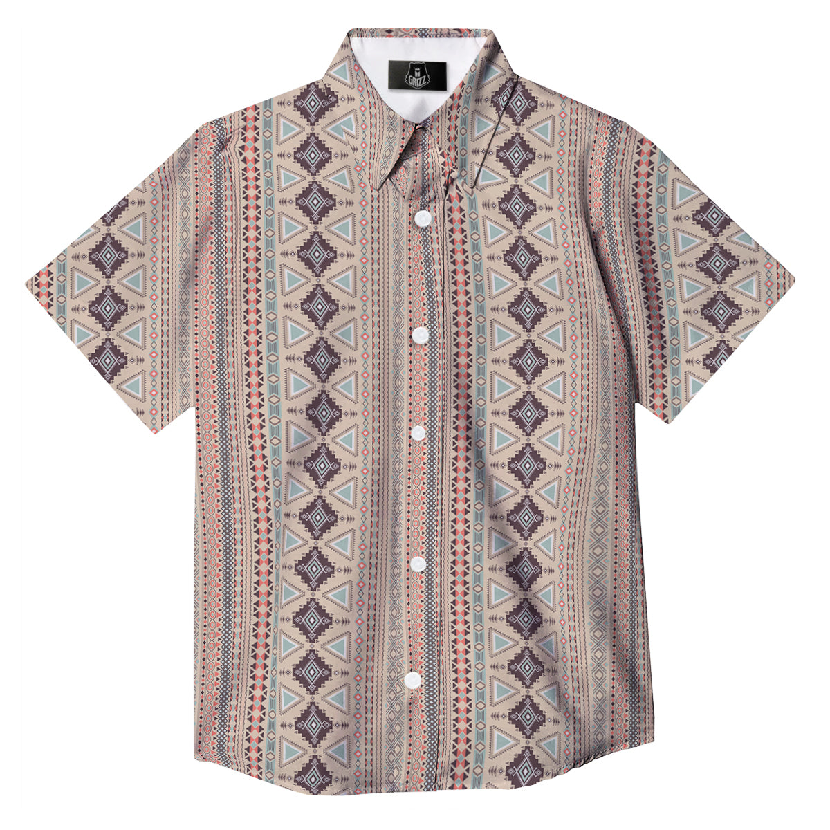 Aztec Beige Print Pattern Button Up Shirt-grizzshop