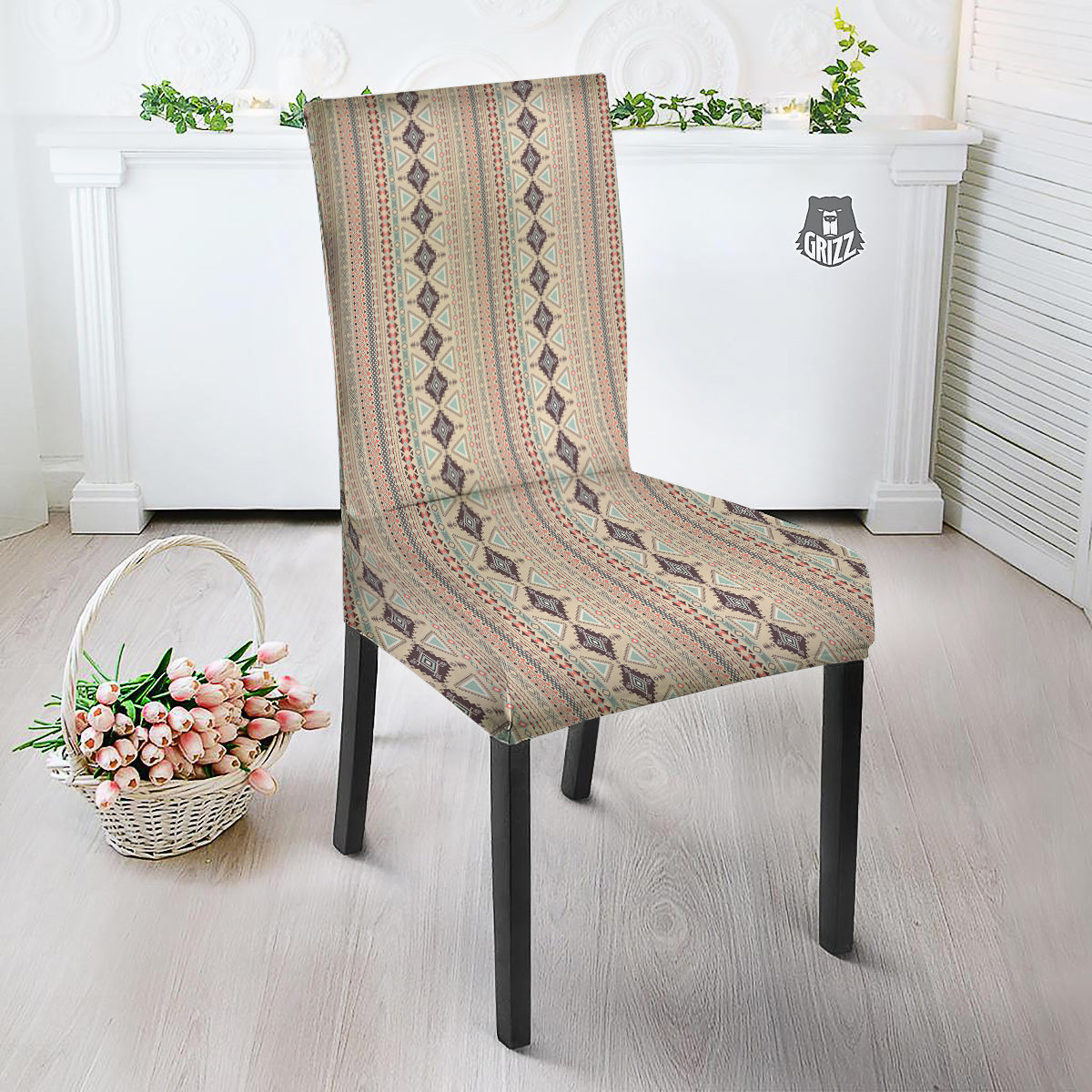 Aztec Beige Print Pattern Dining Chair Slipcover-grizzshop