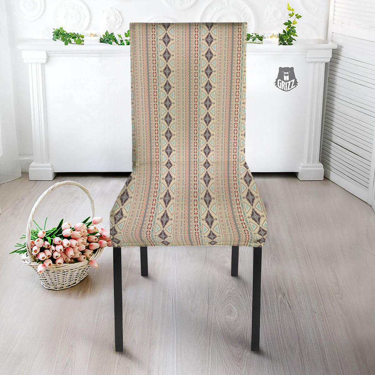 Aztec Beige Print Pattern Dining Chair Slipcover-grizzshop