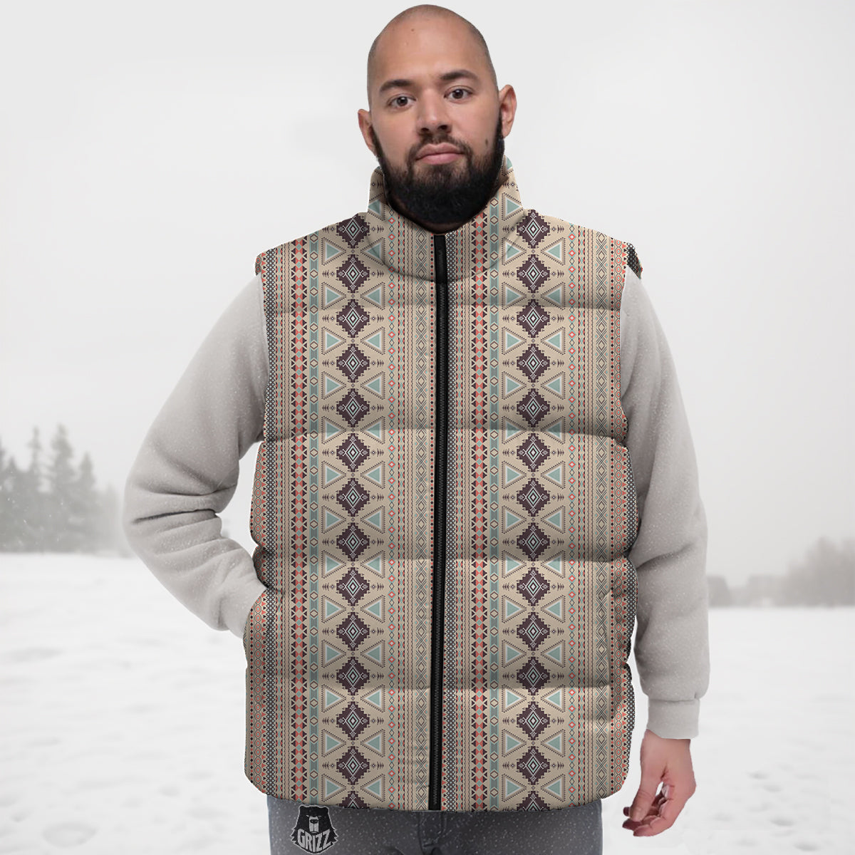 Aztec Beige Print Pattern Down Vest