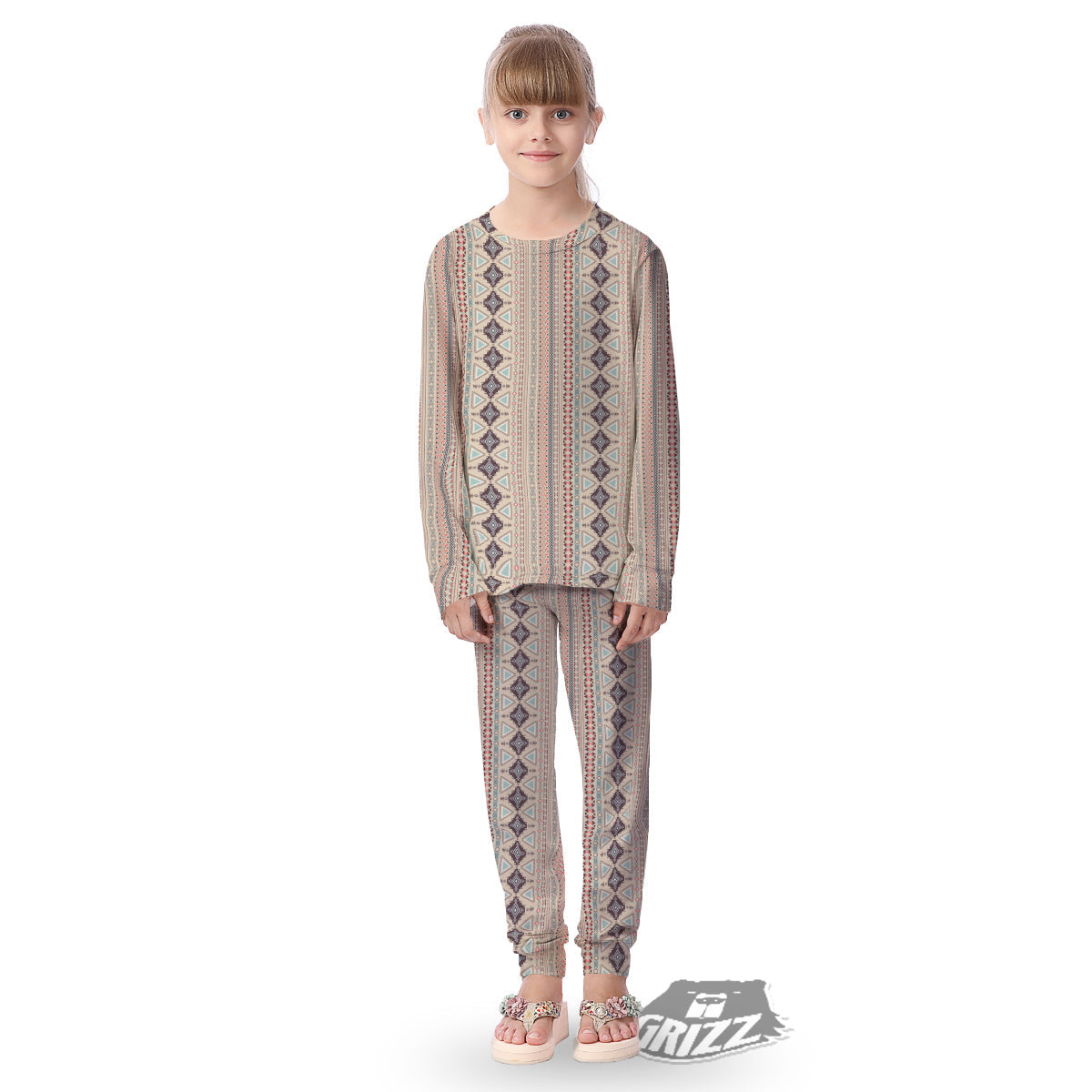 Aztec Beige Print Pattern Kid's Pajamas-grizzshop