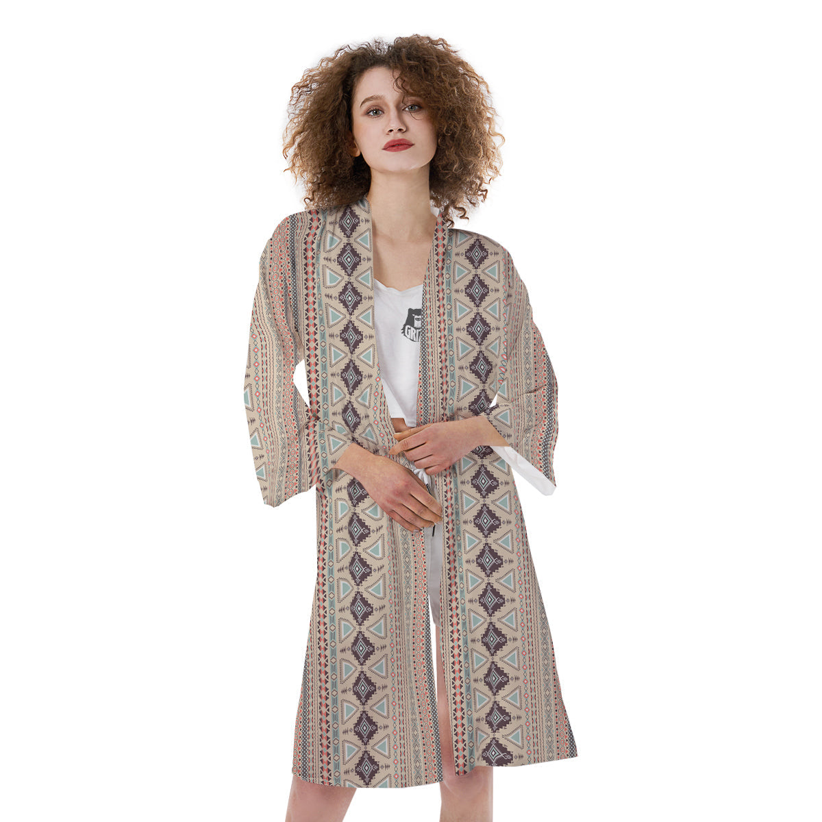 Aztec Beige Print Pattern Kimono-grizzshop