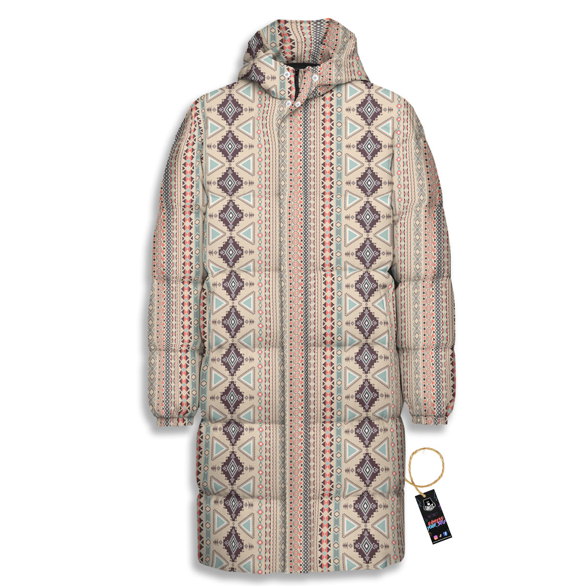 Aztec Beige Print Pattern Long Down Jacket-grizzshop