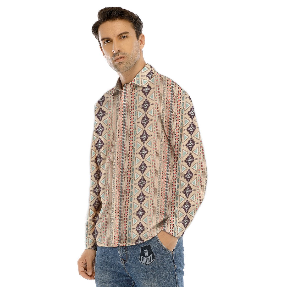 Aztec Beige Print Pattern Men's Dress Shirts-grizzshop
