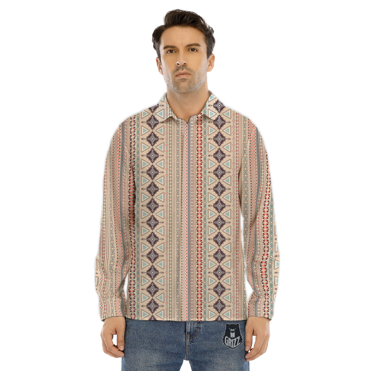 Aztec Beige Print Pattern Men's Dress Shirts-grizzshop