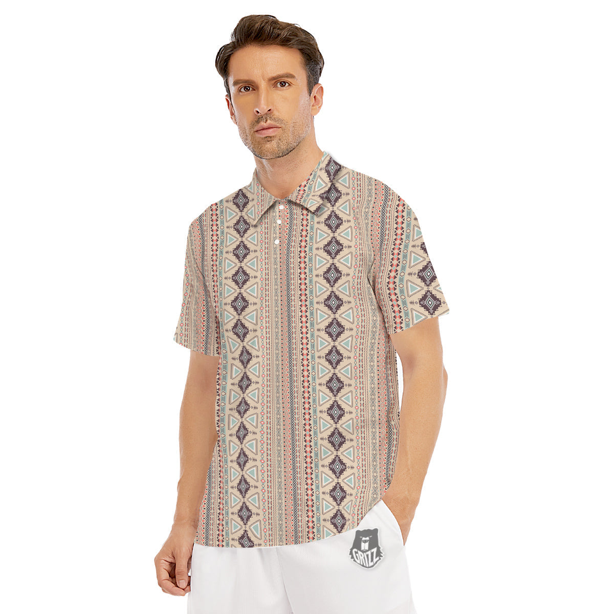 Aztec Beige Print Pattern Men's Golf Shirts-grizzshop