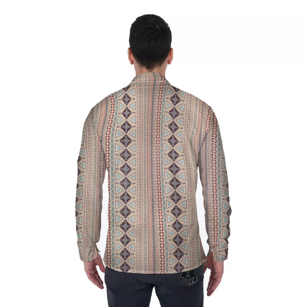 Aztec Beige Print Pattern Men's Long Sleeve Shirts-grizzshop