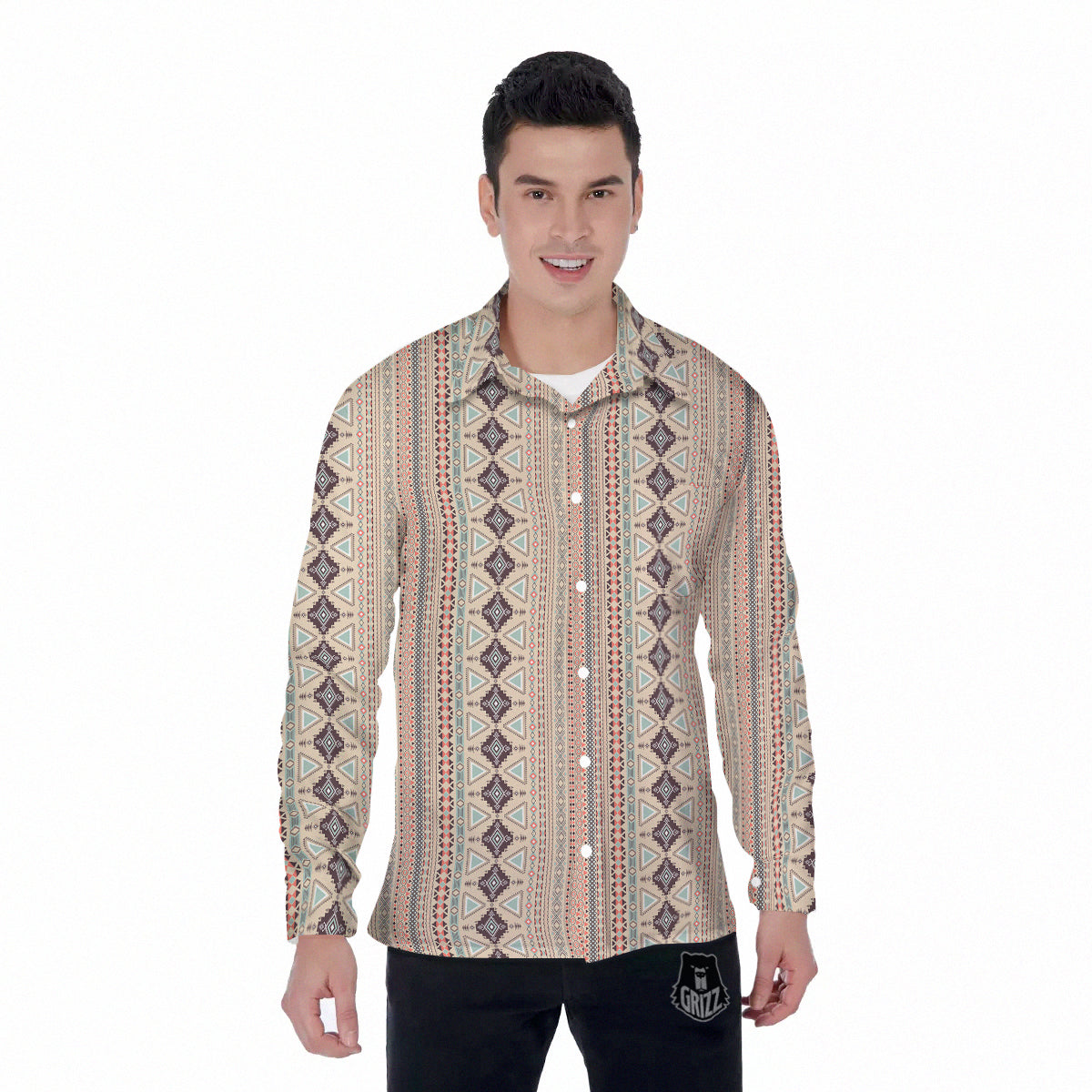 Aztec Beige Print Pattern Men's Long Sleeve Shirts-grizzshop