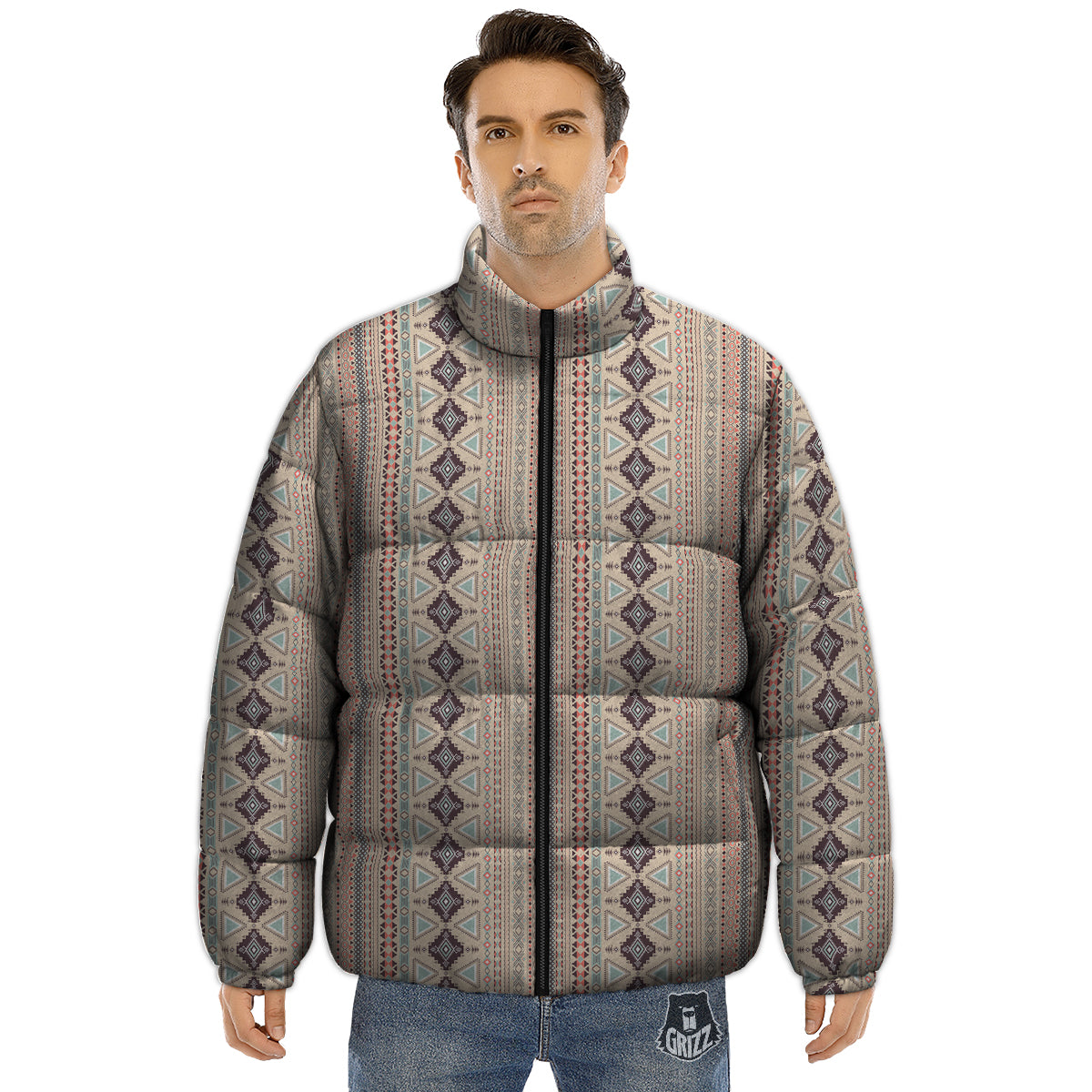Aztec Beige Print Pattern Puffer Jacket-grizzshop