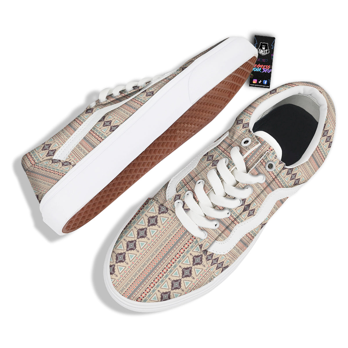 Aztec Beige Print Pattern Skate Shoes-grizzshop