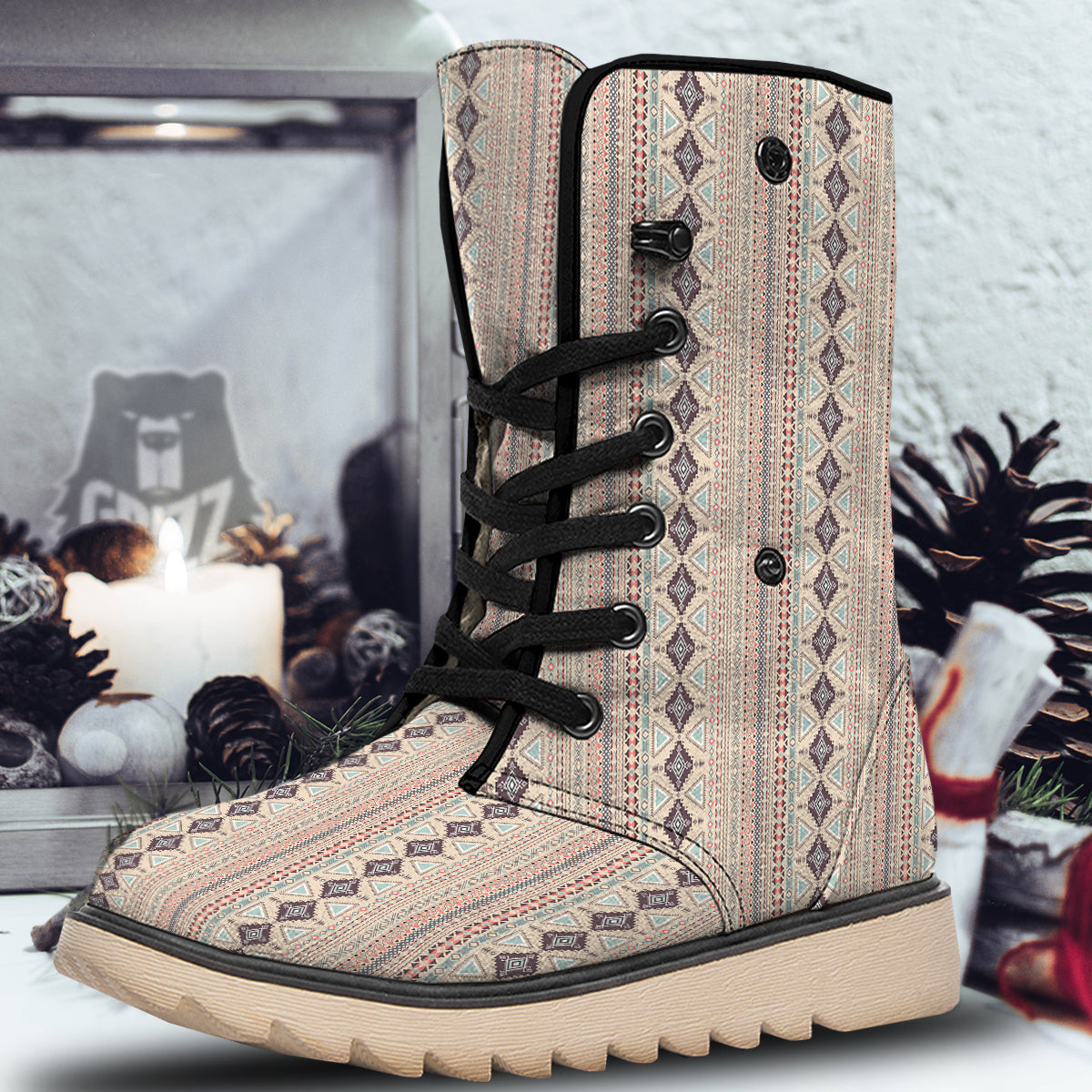 Aztec Beige Print Pattern Snow Boots-grizzshop