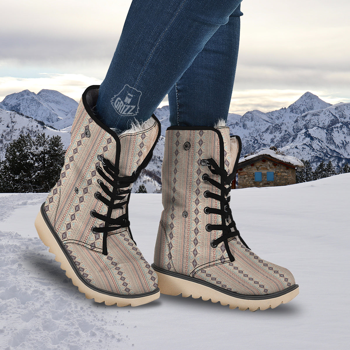 Aztec Beige Print Pattern Snow Boots-grizzshop