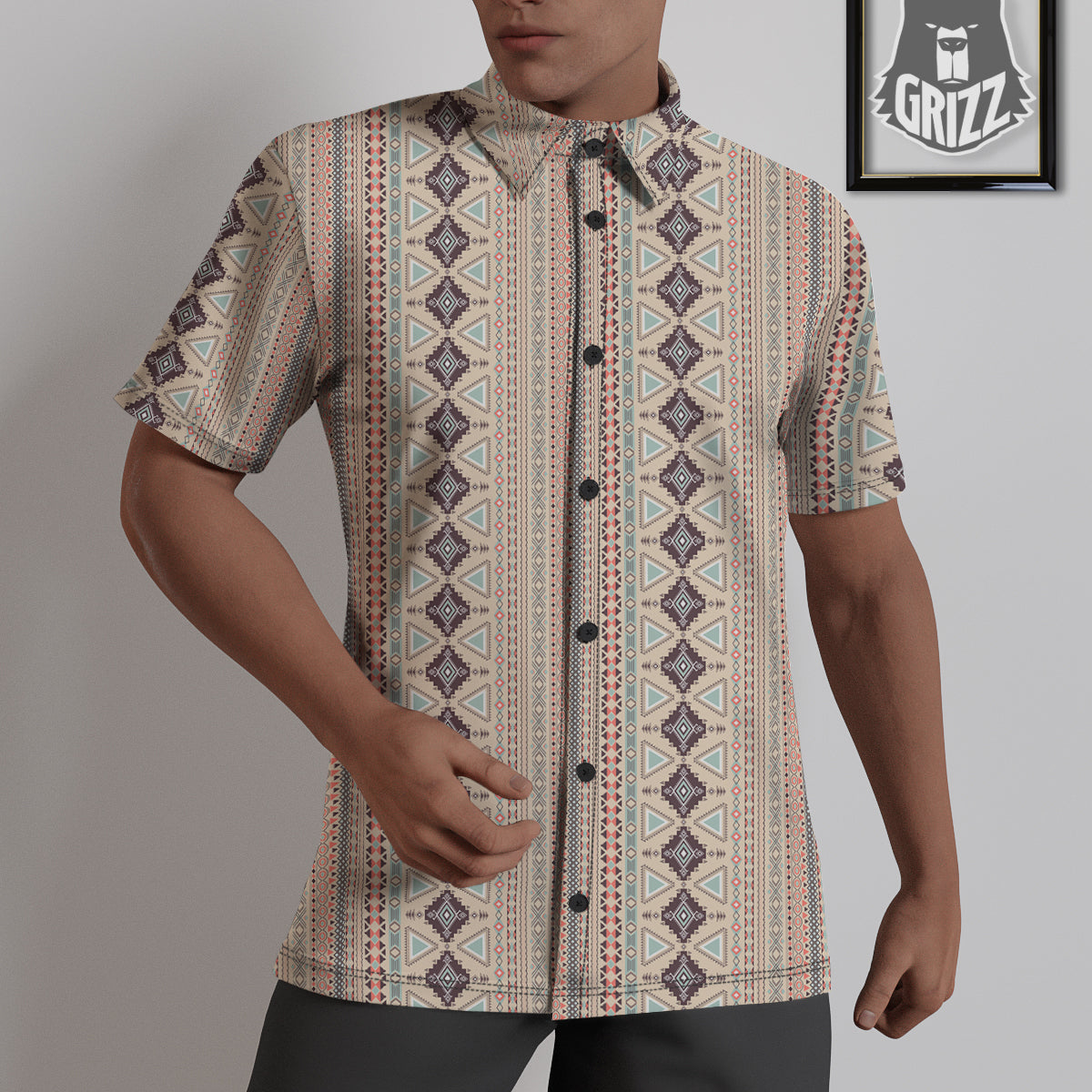 Aztec Beige Print Pattern Untucked Shirts-grizzshop